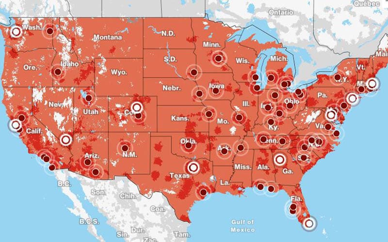 Coverage map with Verizon in the United States