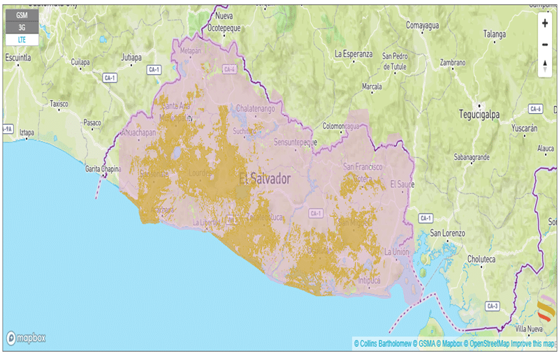 map of coverage in el salvador with an esim