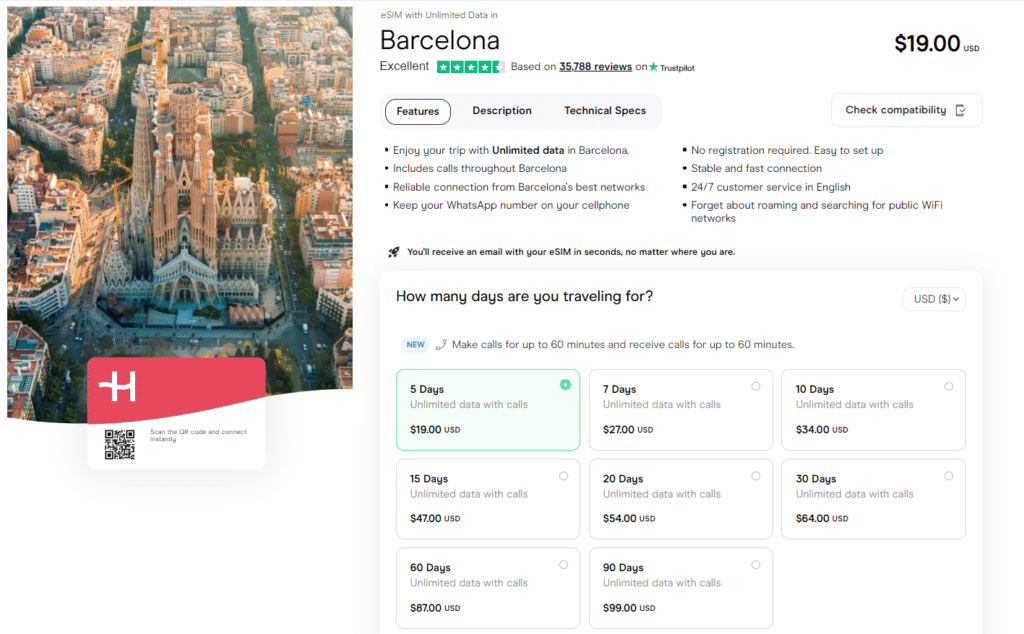 Unlimited data eSIM for Barcelona