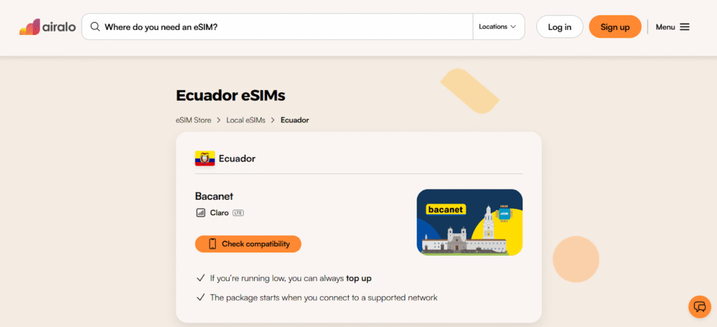 airalo homepage, esim for ecuador