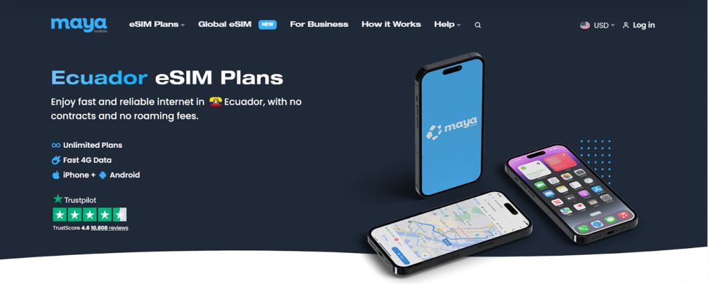 maya mobile homepage, esim for ecuador