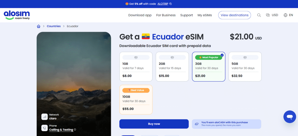 alosim homepage, ecuador esim