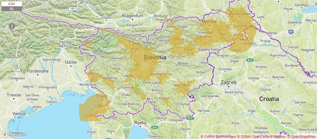 T-2 coverage map in Slovenia