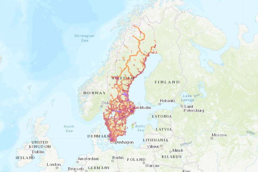 Coverage map of TeliaSonera with an eSIM in Sweden