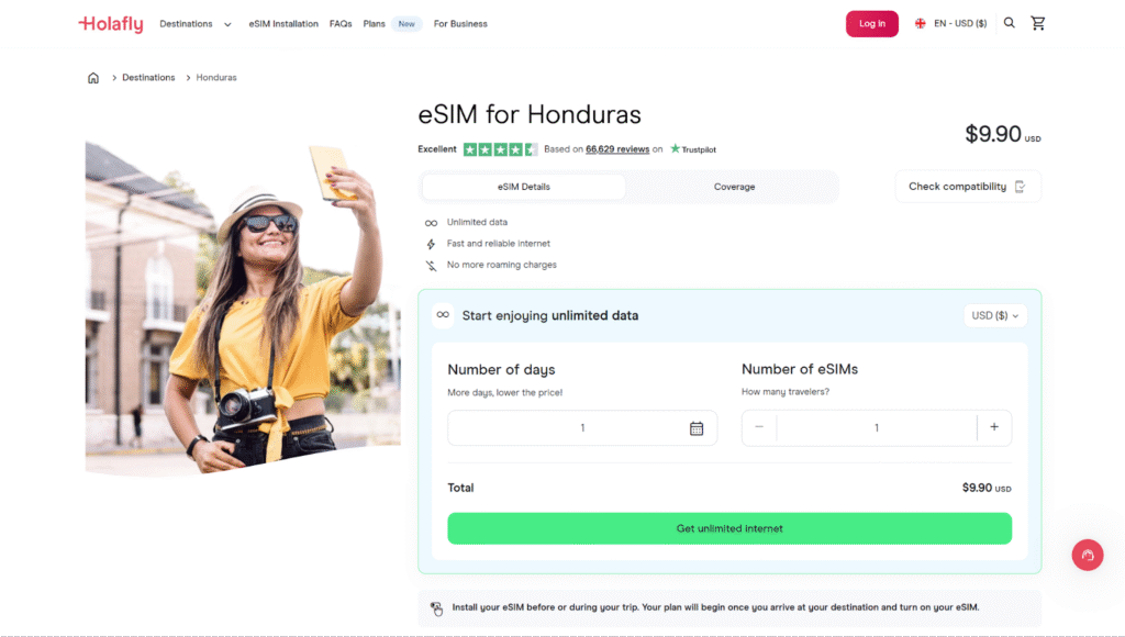 holafly homepage, esim for honduras