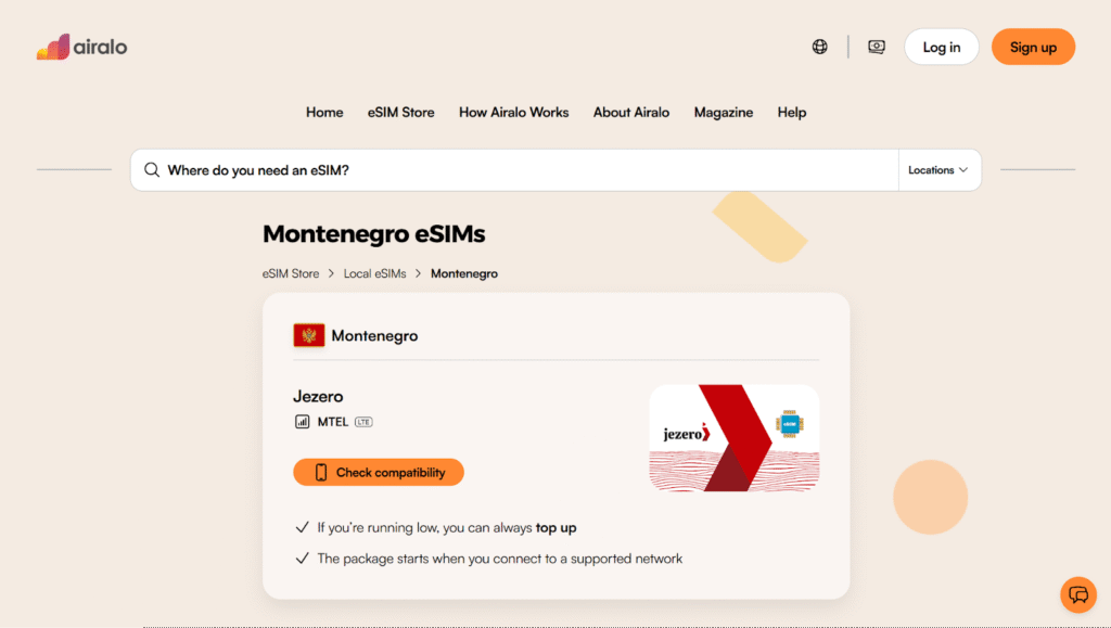 airalo homepage, esim for montenegro