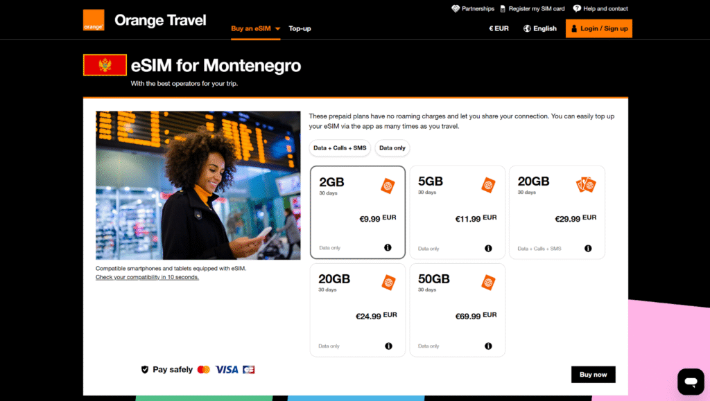 orange homepage, esim for montenegro