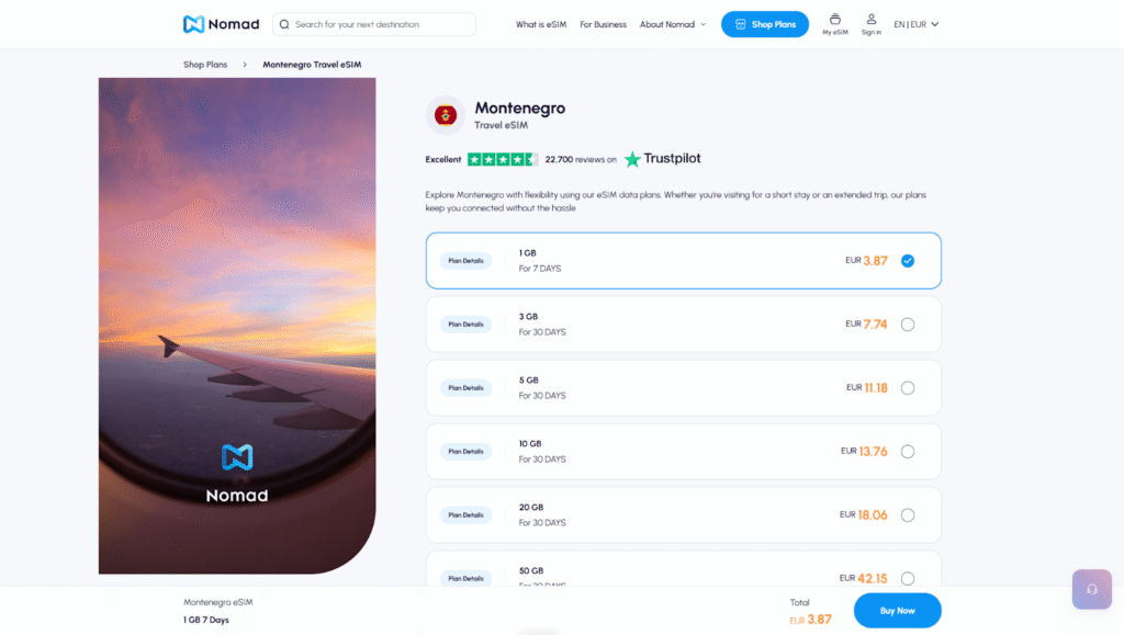 nomad homepage, esim for montenegro