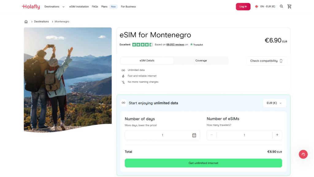 holafly homepage, best esim for montenegro