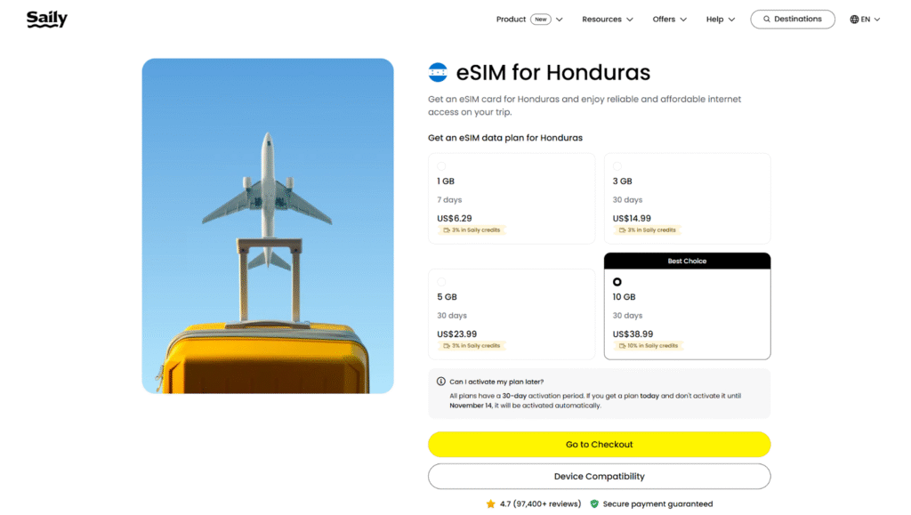 saily homepage, esim for honduras