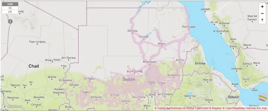 Zain coverage map in Sudan.