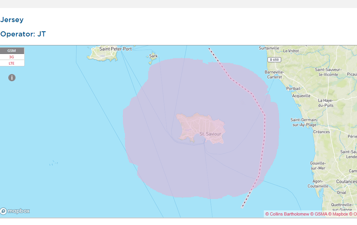 Coverage map of JT with an eSIM in Jersey