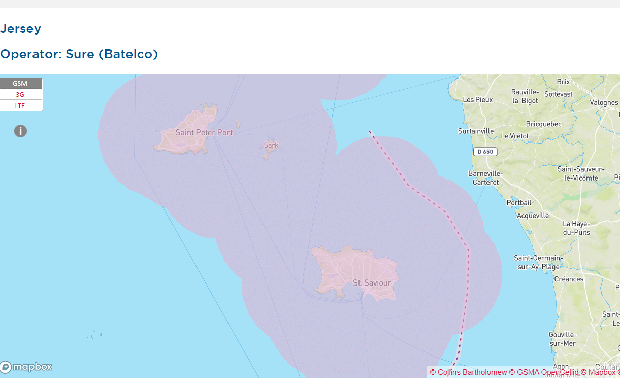 Coverage map of Sure with an eSIM in Jersey