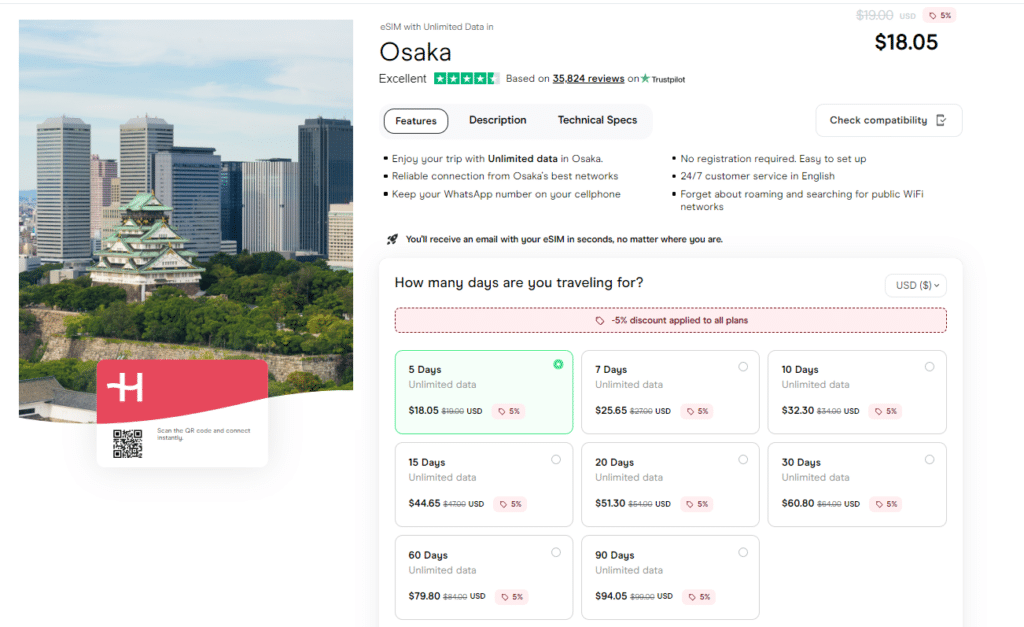 Unlimited data eSIM for Osaka