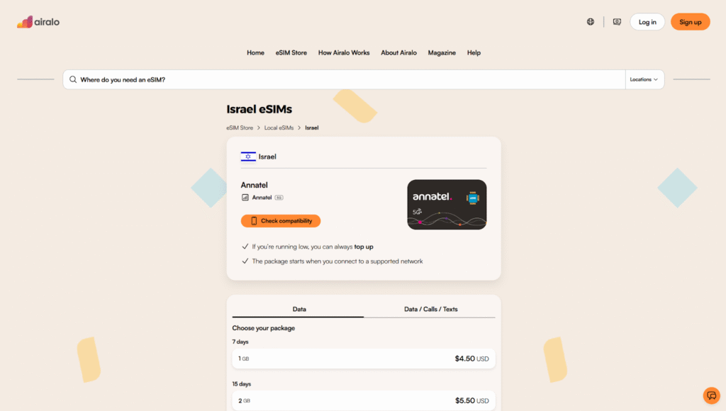 airalo homepage, esim for israel