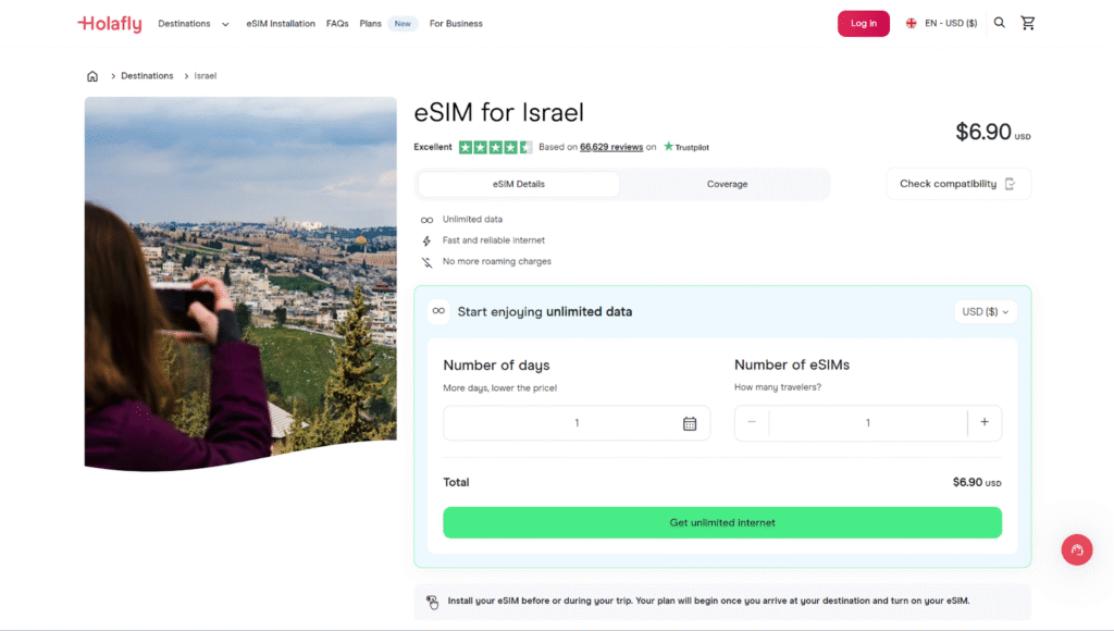 holafly homepage, best esim for israel