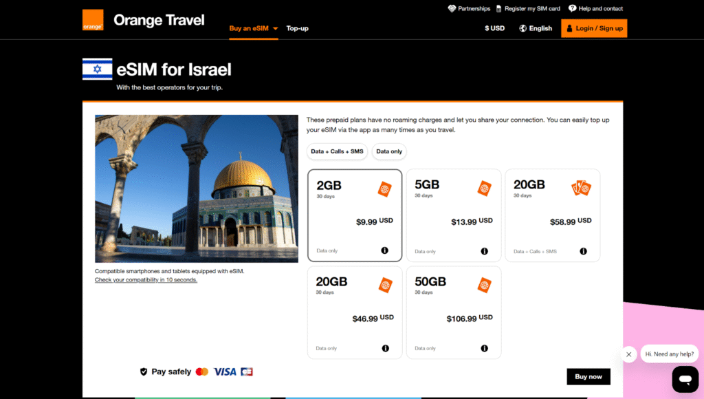 orange homepage, israel esim