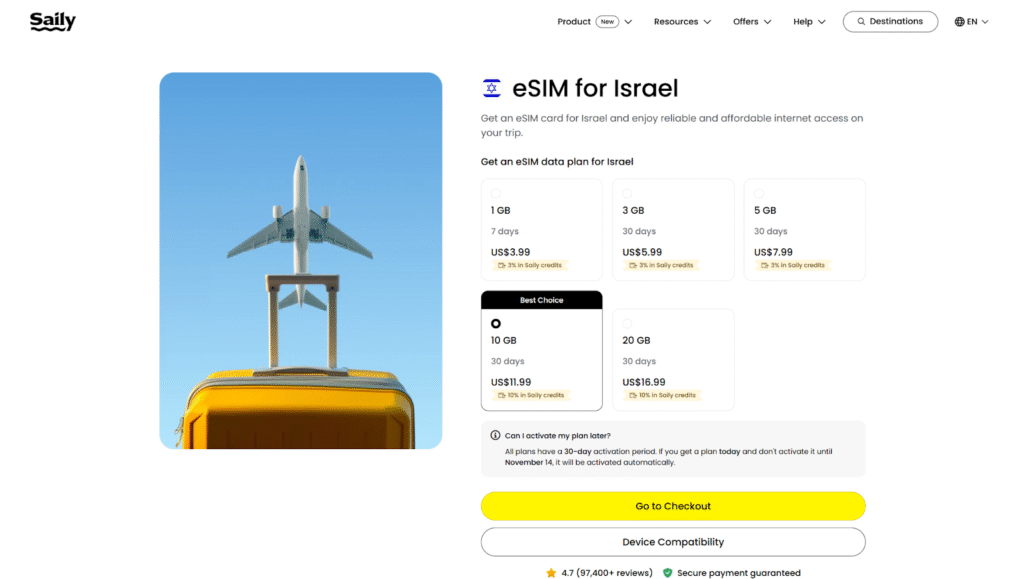 saily homepage, esim for israel