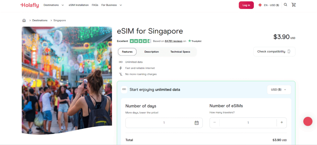 holafly homepage, esim alternative in singapore