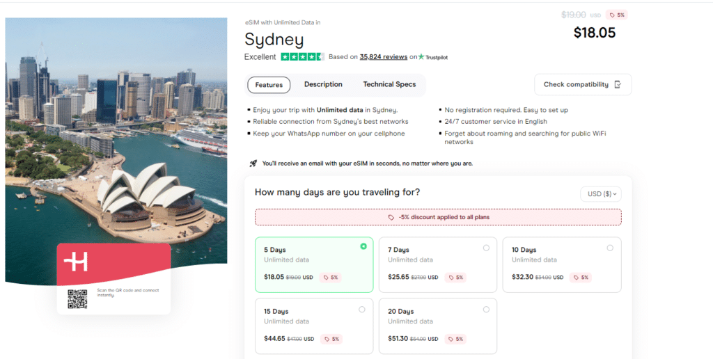 Unlimited data eSIM for Sydney