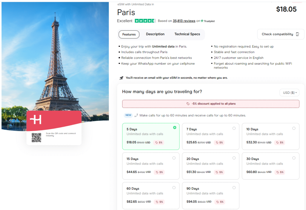 Unlimited data eSIM for Paris