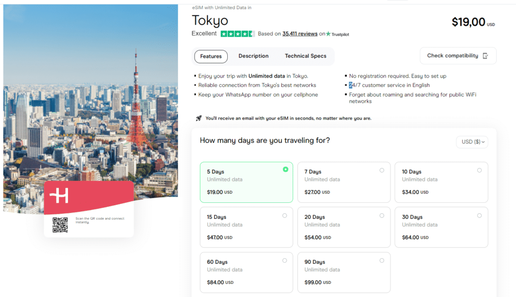 Unlimited data eSIM for Tokyo