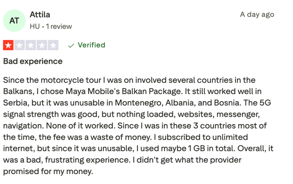 negative trustpilot customer review of maya mobile