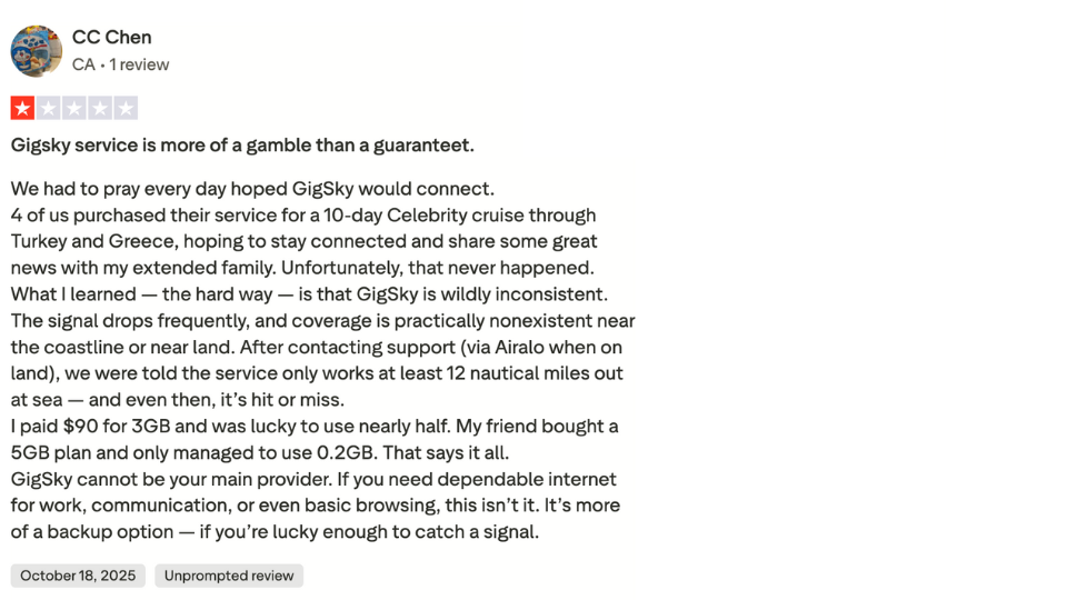 gigsky esim negative review on trustpilot