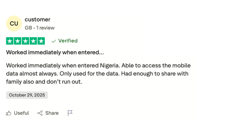 ubigi positive customer review on trustpilot