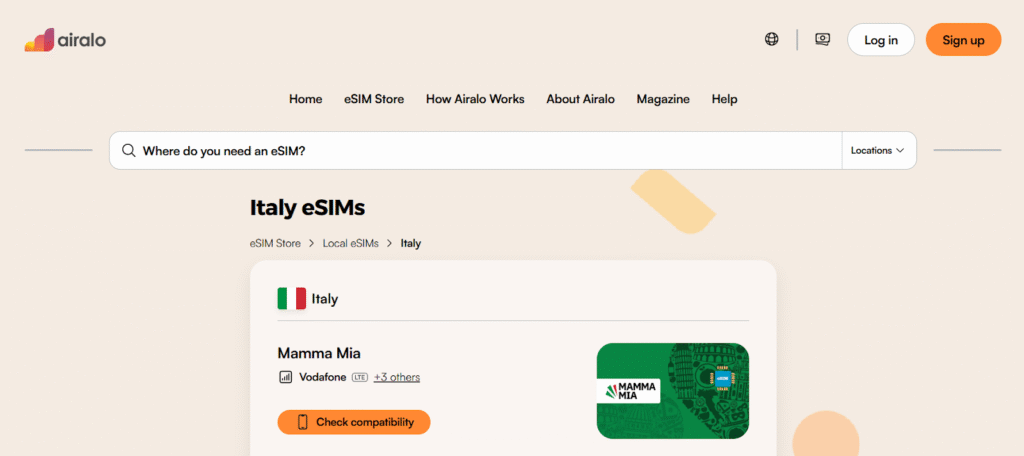 airalo homepage, italy esim provider