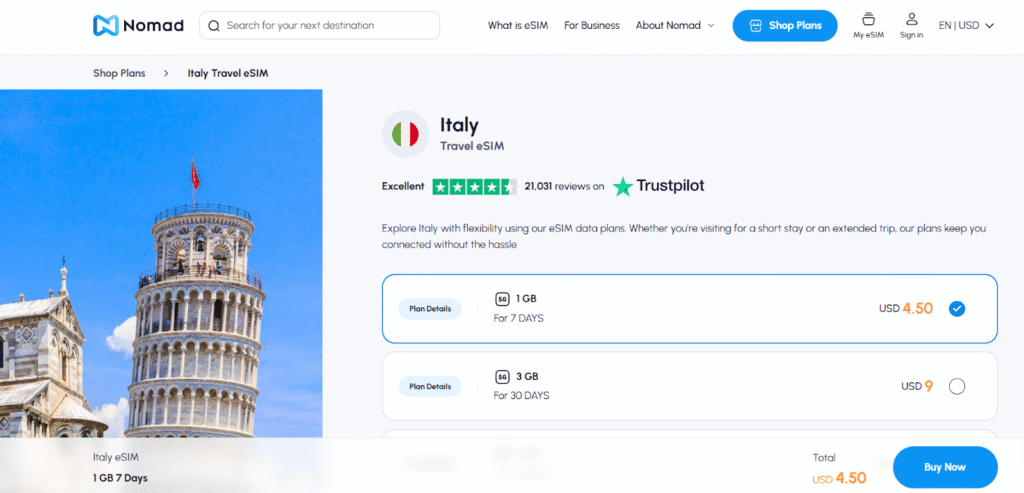 nomad homepage, italy esim provider