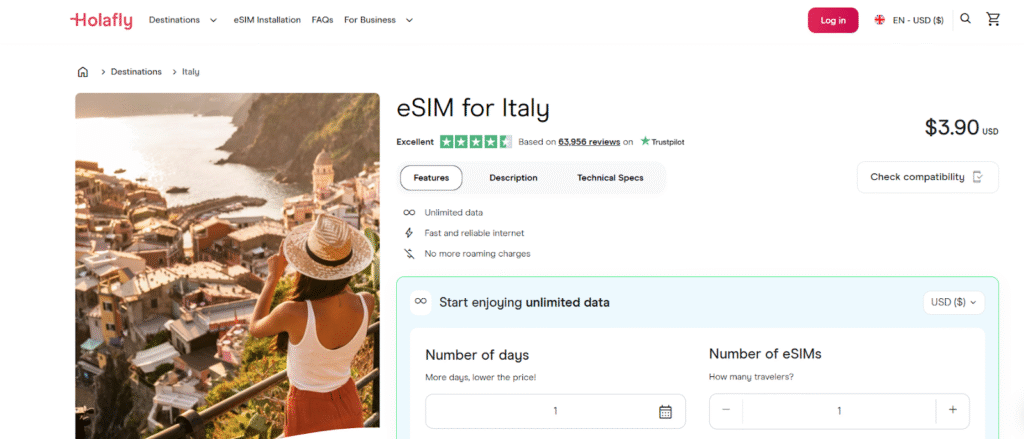 hilafly homepage, italy esim provider