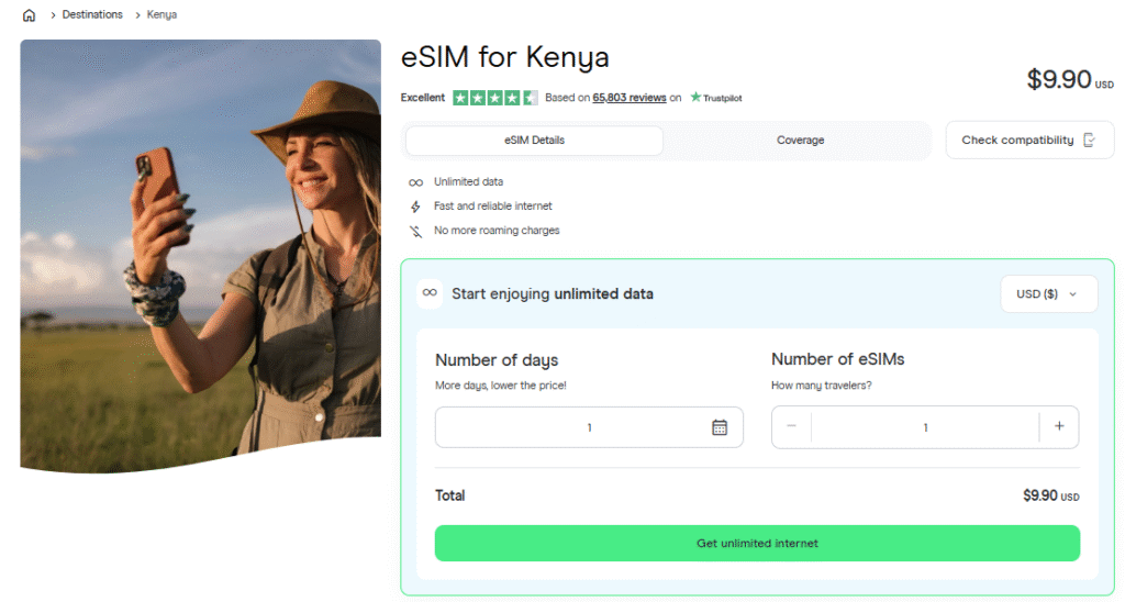 holafly homepage, best esim for kenya