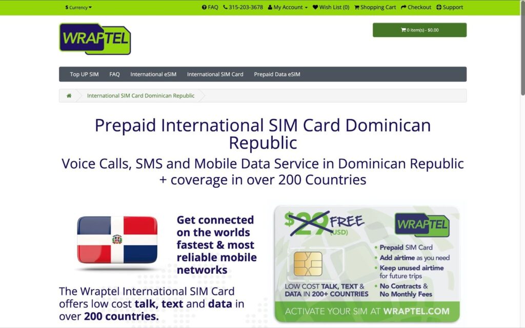 wraptel homepage, sim card dominican republic
