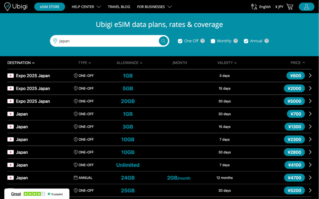 ubigi homepage, japan esim provider