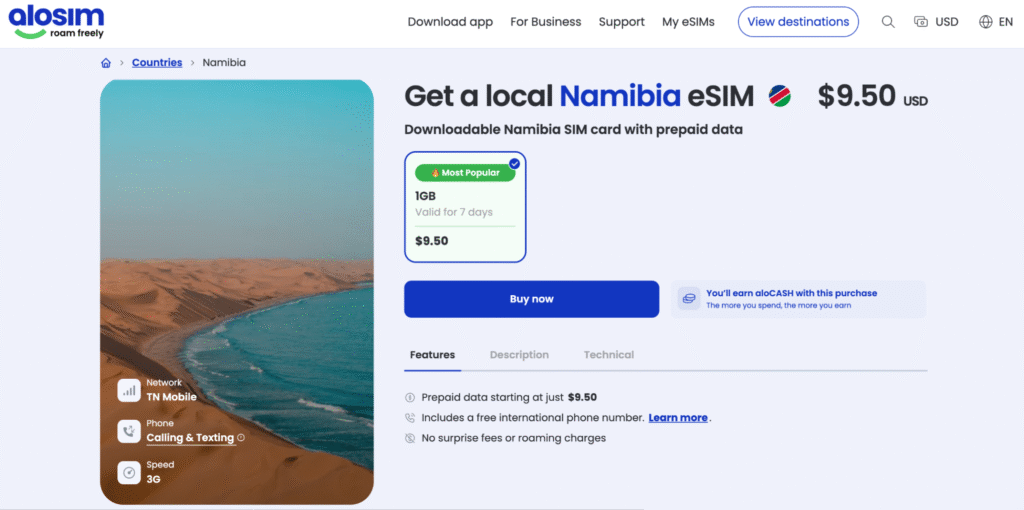 Namibia esim providers: aloSIM