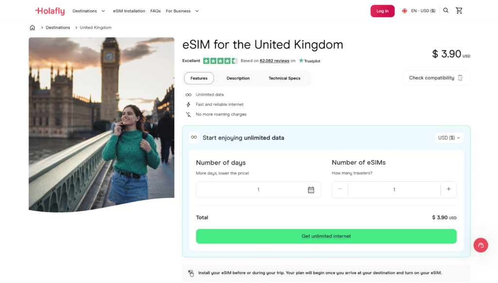 scotland esim provider homepage: holafly