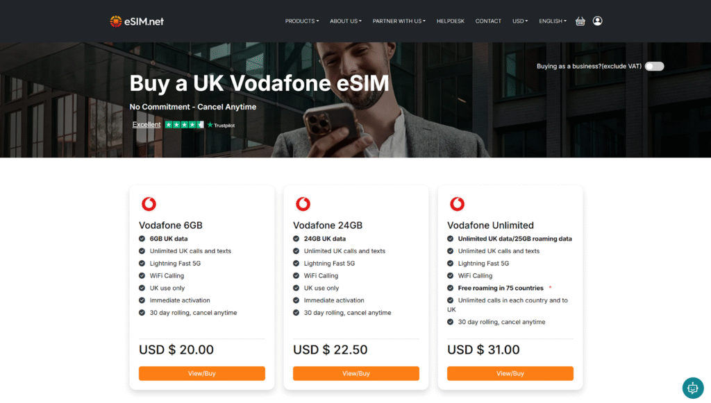 scotland esim provider homepage: vodafone