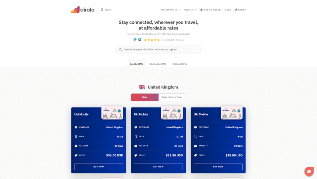 scotland esim provider homepage: airalo
