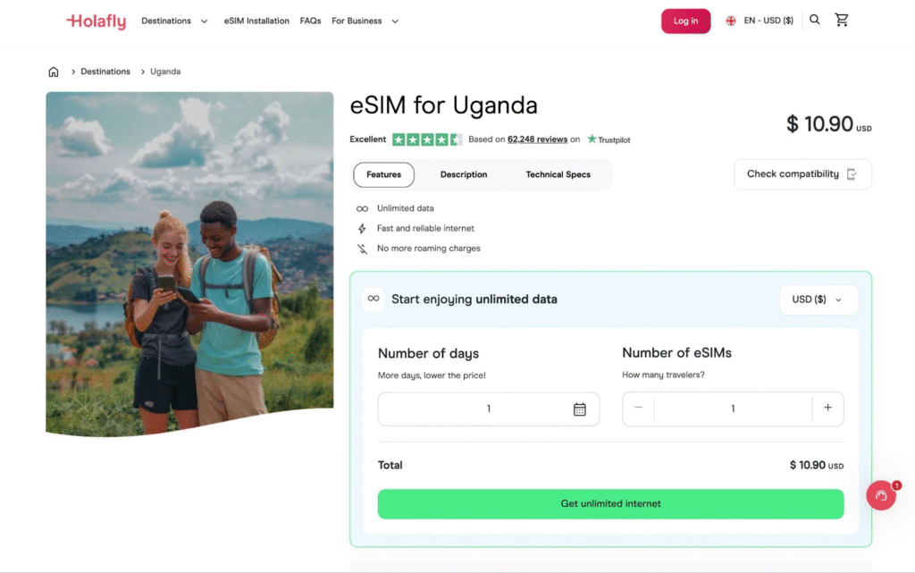 uganda esim provider homepage: holafly