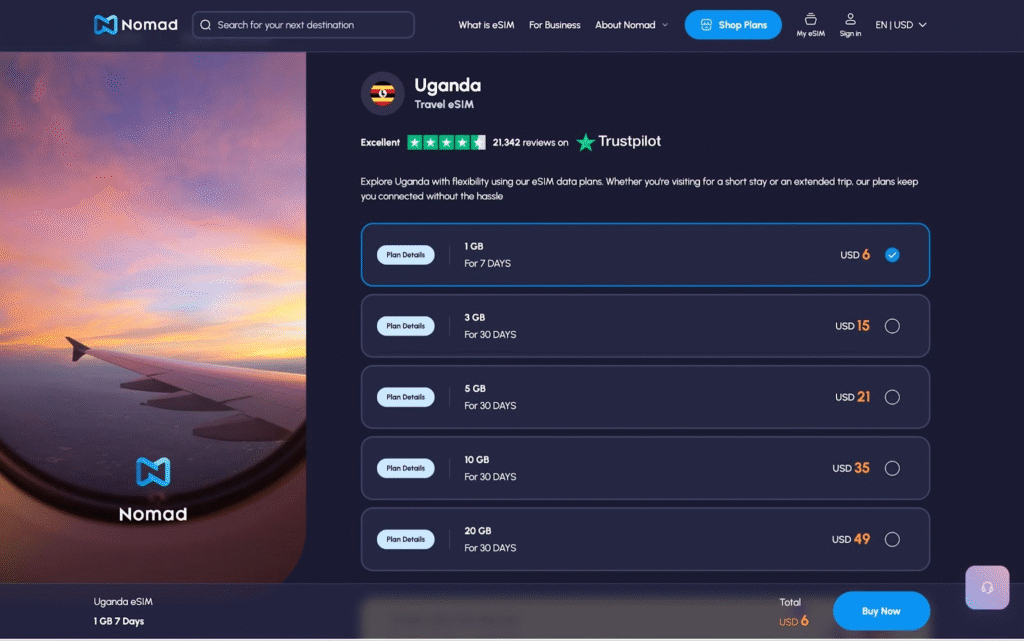 uganda esim provider homepage: nomad
