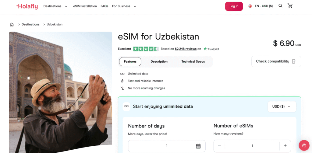 esim for uzbekistan: holafly homepage
