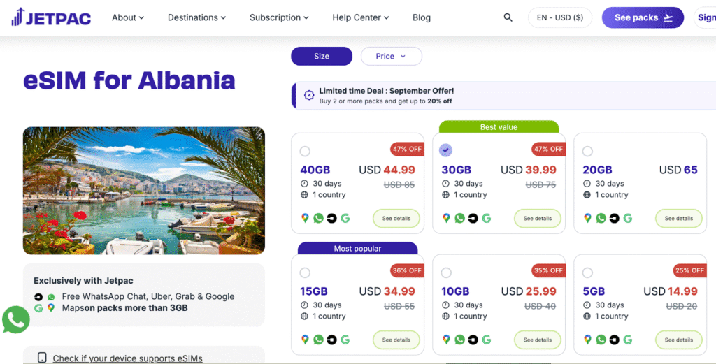 albania esim provider: jetpac