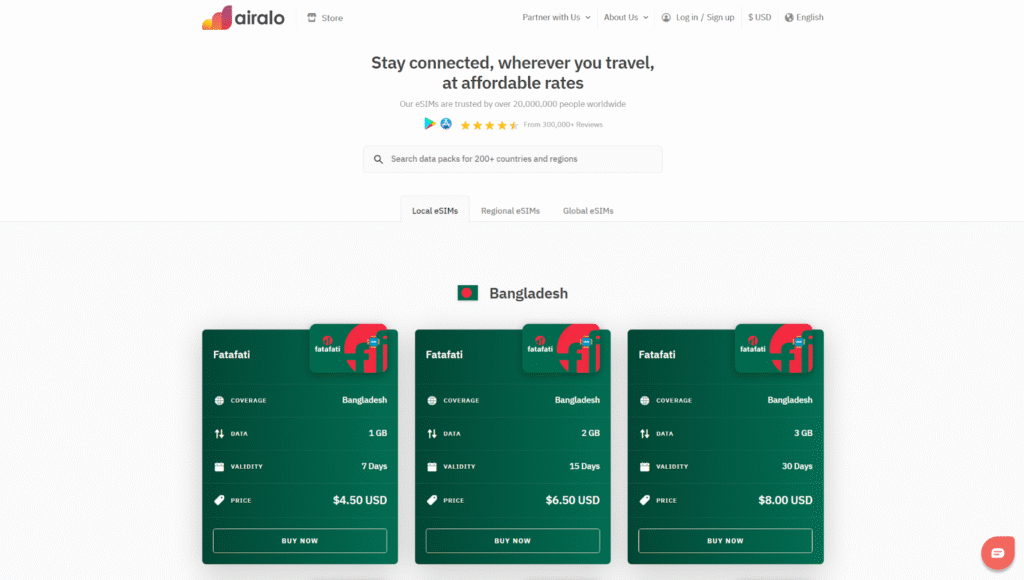 bangladesh esim provider homepage: airalo