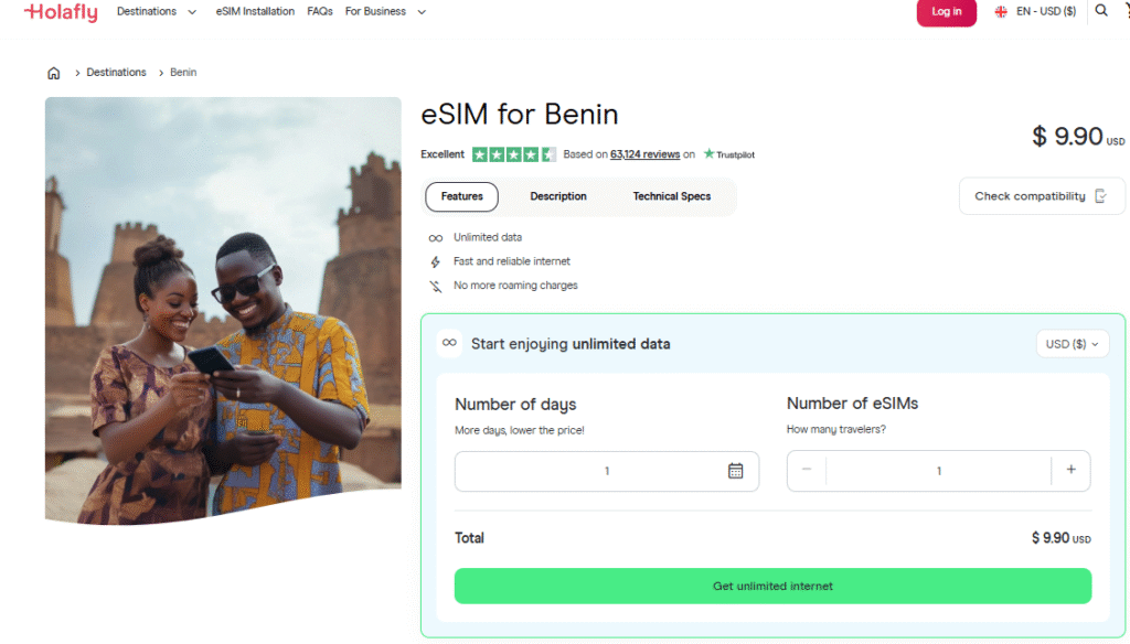 benin esim provider, holafly homepage