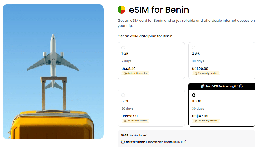 saily homepage, esim for benin