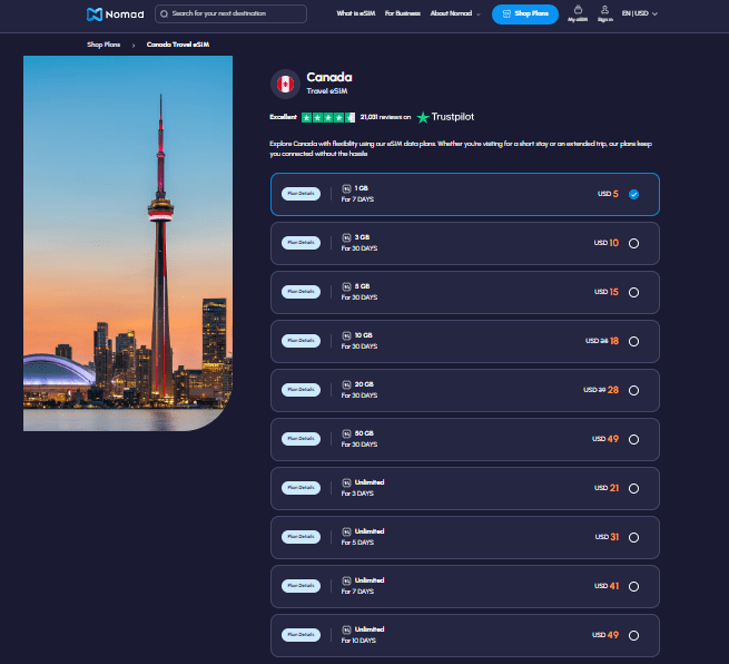 nomad esim homepage, alternative to sim card canada
