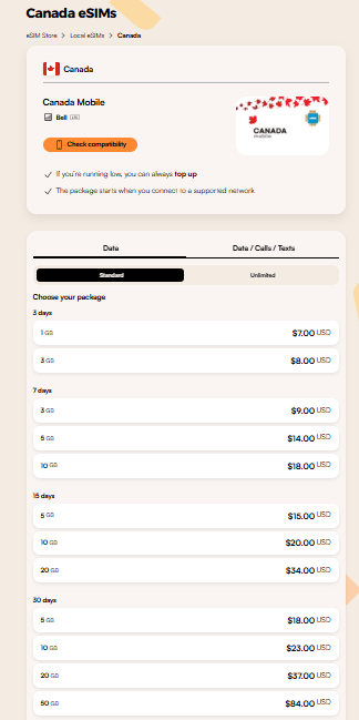 airalo esim for canada homepage, sim card canada alternative