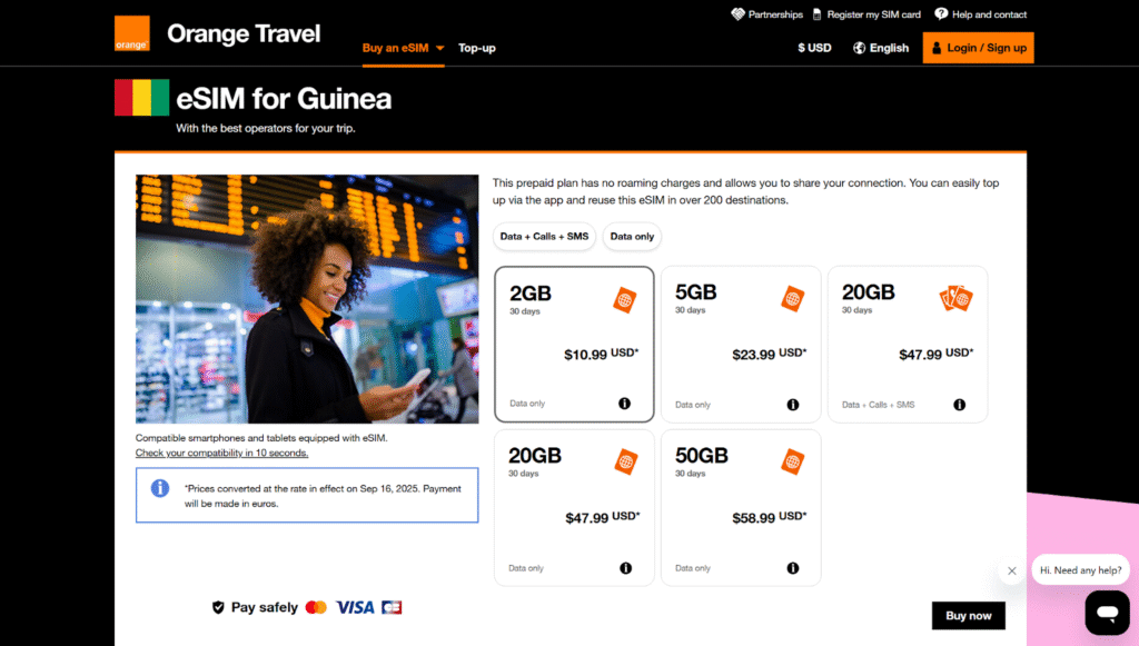 orange travel homepage for guinea esim