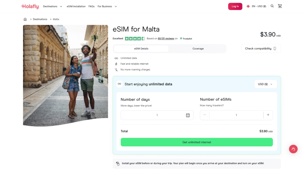 holafly homepage, malta esim provider